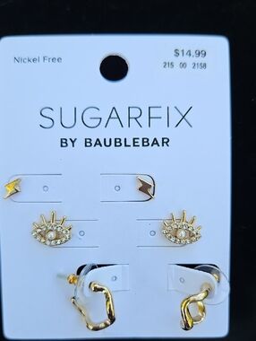 BaubleBar Gold Rhinestone Eye, Lightning & Twisted Hoop Stud Set